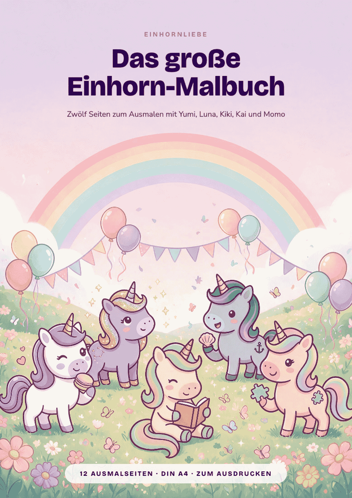 Titelseite des Einhornliebe-Malbuchs: alle fünf Einhörner auf einer Blumenwiese unter einem Regenbogen, darüber der Titel.