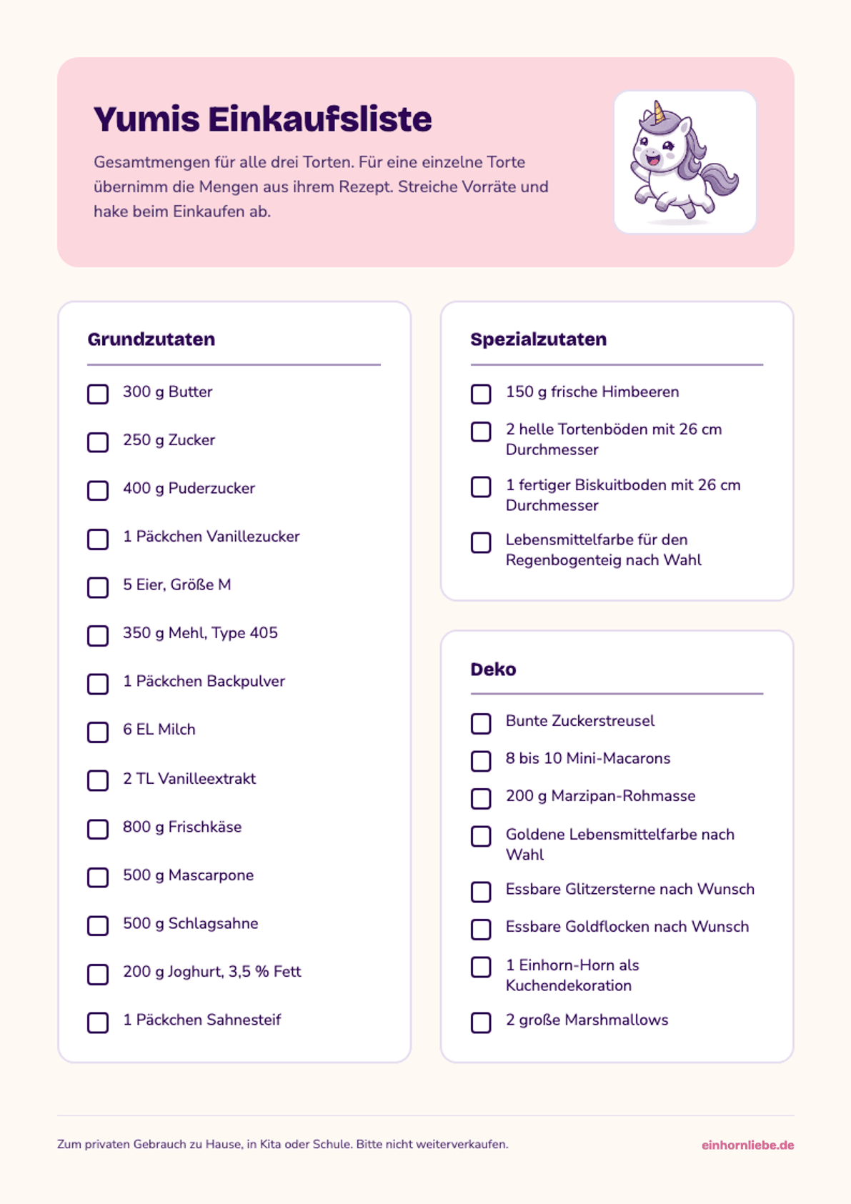 Vorschau von Yumis Einkaufsliste: Yumi neben dem Titel, darunter drei Listen mit Kästchen zum Abhaken für Grundzutaten, Spezialzutaten und Deko.