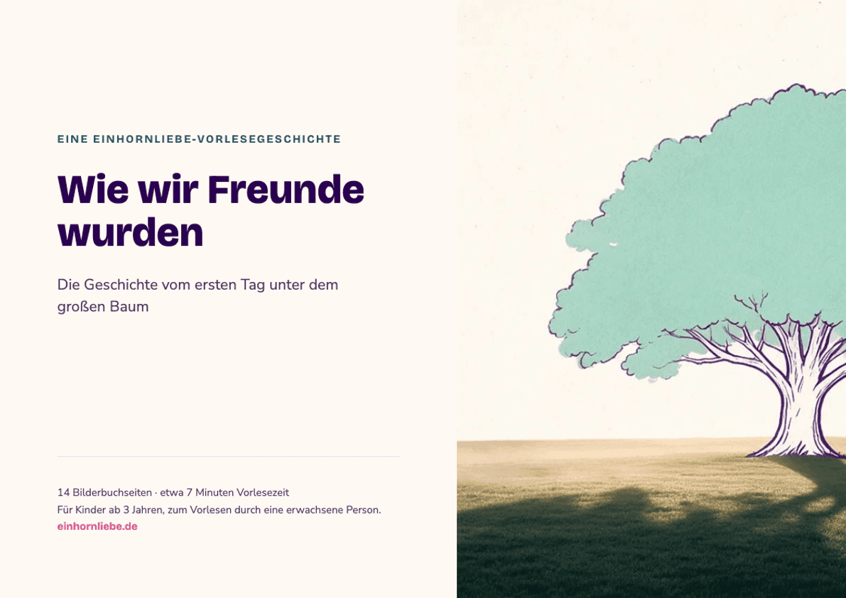 Titelseite des E-Books „Wie wir Freunde wurden": der große Baum allein auf der Wiese im Morgenlicht.
