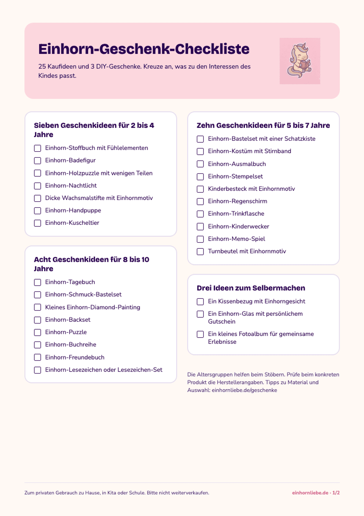Geschenk-Checkliste mit Kiki, drei Altersgruppen und ankreuzbaren Geschenkideen.