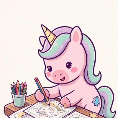 Momo, das rosafarbene Rätsel-Einhorn, sitzt am Basteltisch und malt eine ausgedruckte Ausmalvorlage an. Daneben ein Stiftebecher und ein Puzzleteil.