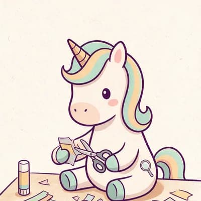 Kiki, das cremefarbene Lese-Einhorn, schneidet am Basteltisch mit einer Kinderschere bunte Papierstreifen für eine Papierkette zu.