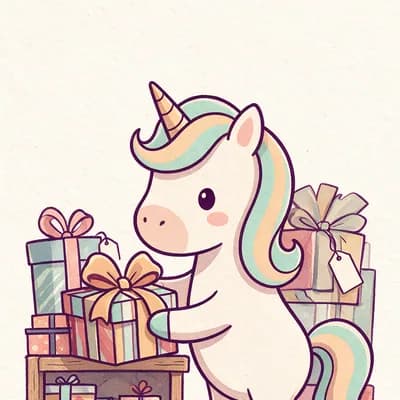 Kiki steht vor einem Regal voller verschieden verpackter Geschenke und hält eines mit großer Schleife in den Hufen.
