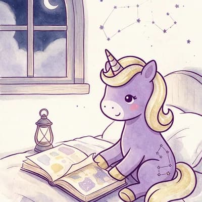 Luna, das fliederfarbene Nacht-Einhorn, sitzt abends auf dem Bett und liest in einem aufgeschlagenen Buch. An der Wand ein Sternbild, im Fenster der Mond.