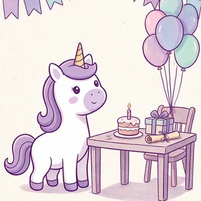 Yumi, das weiße Party-Einhorn mit lila Mähne, steht an einem gedeckten Geburtstagstisch mit Torte, Kerze, Geschenk, Schatzkarte, Wimpelkette und Luftballons.