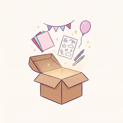 Geöffnete Schatzkiste, aus der Bastelpapier, eine Wimpelkette, ein Ausmalblatt mit einfachen Umrisslinien, Buntstifte, ein Luftballon und kleine Sterne herausschweben