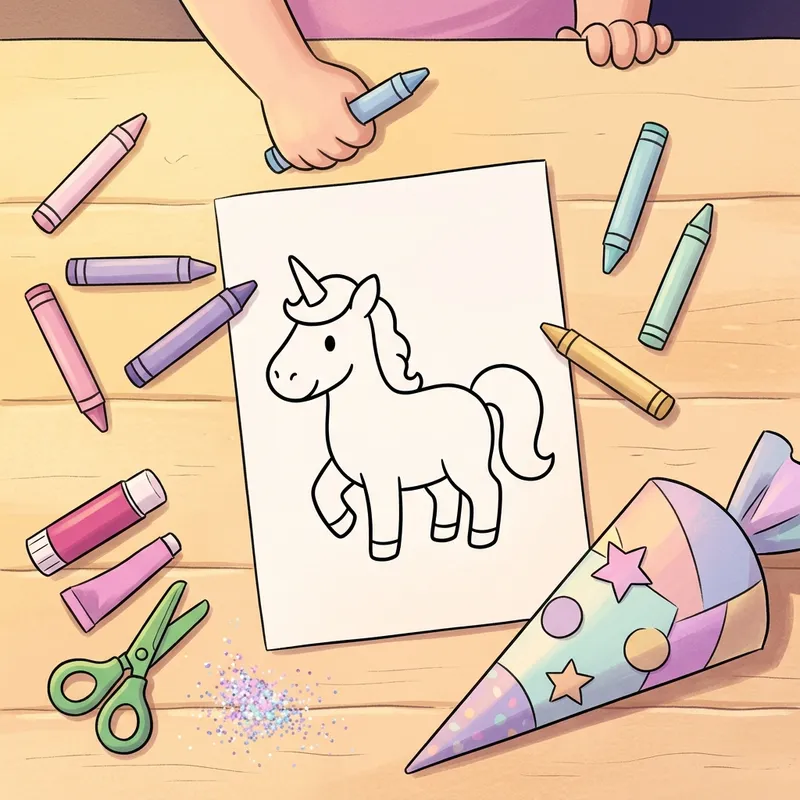 Draufsicht auf einen hellen Holztisch mit einem Ausmalbild in Umrisslinien, Buntstiften, Schere, Klebestift, Glitzer und einer halbfertigen Papier-Schultüte, am Rand ragen Kinderhände mit einem Stift ins Bild